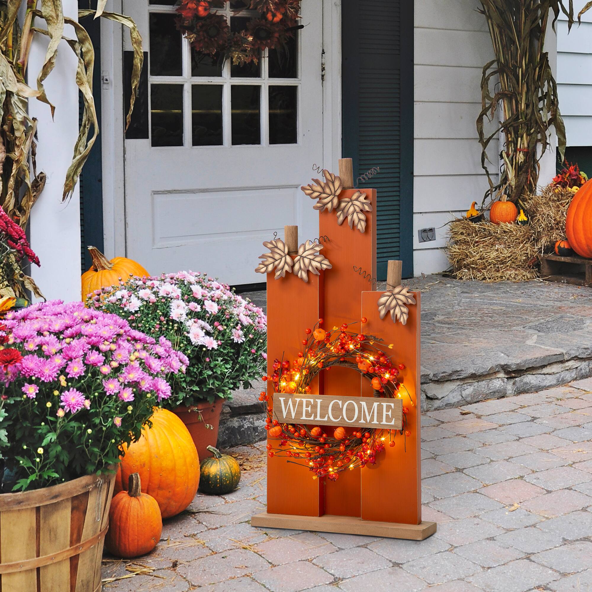 Glitzhome® 30" Fall Lighted Pumpkin & Wreath Décor